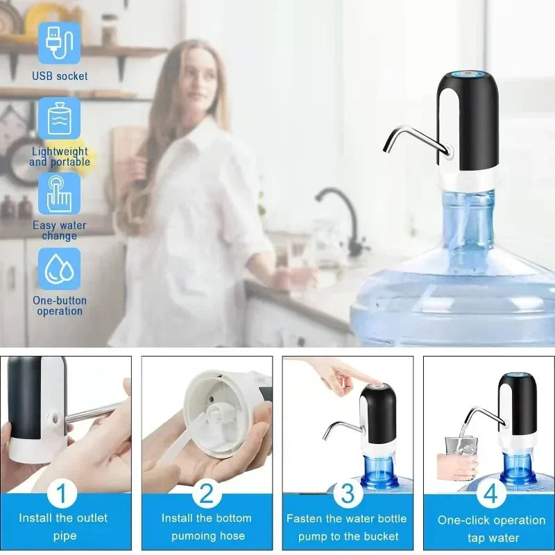 USB Rechargeable Electric Water Bottle Pump Automatic Drinking Water Dispenser with Power Switch Portable for Camping